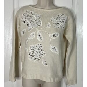 Luisa Spagnoli Cashmere Sweater Womens Small Beige Floral Pullover Boat Neck
